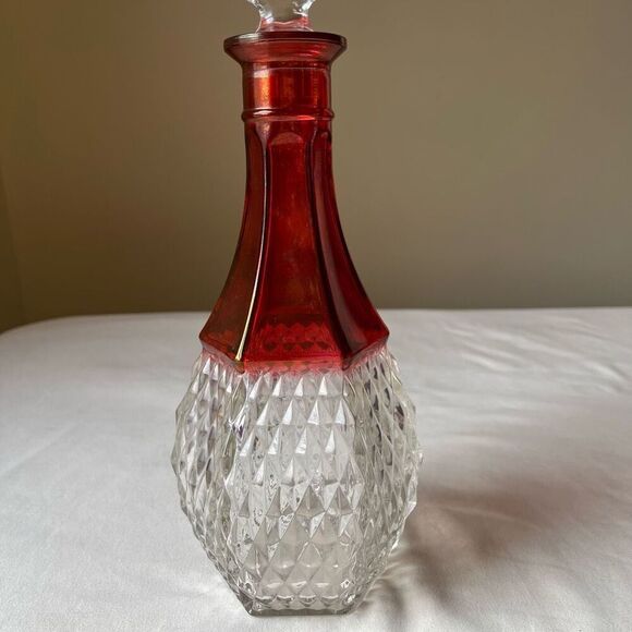 Vintage Ruby Red Diamond Point Glass Decanter with Stopper 12" Barware - Picture 2 of 12